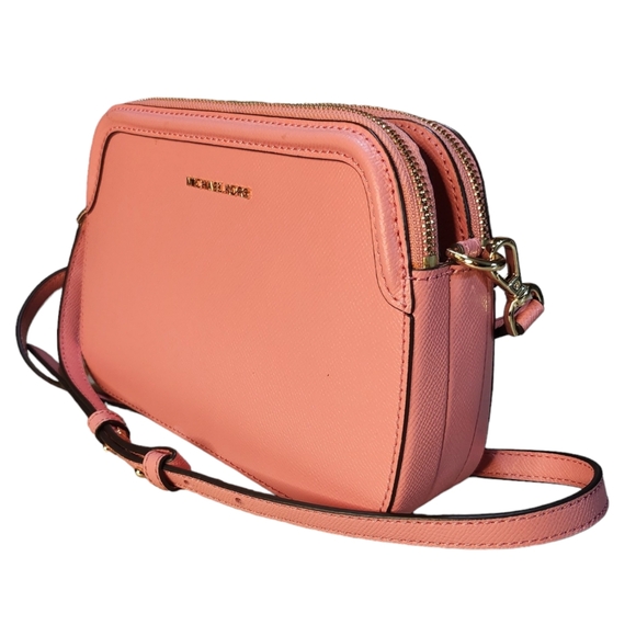 Michael Kors Houston Leather Double Zipper Crossbody Handbag In Grapefruit - Picture 2 of 13